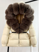 Lagabogy 2025 Winter Women's Down Coat with Real Fox Fur Collar Hooded Puffer Jacket