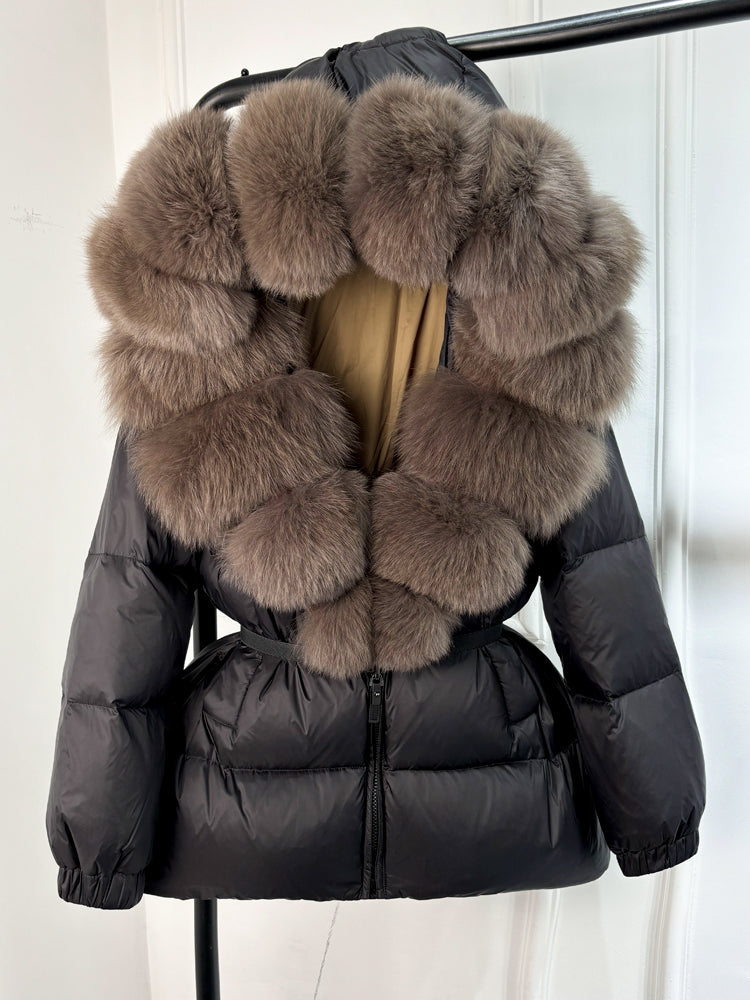 Lagabogy 2025 Winter Women's Down Coat with Real Fox Fur Collar Hooded Puffer Jacket